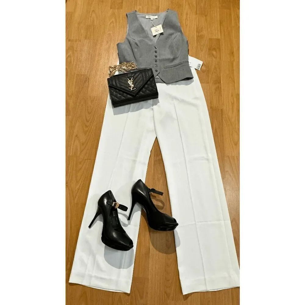 H & M Women’s Elastic Waist Mid Rise Straight Leg Casual Dress Pants White